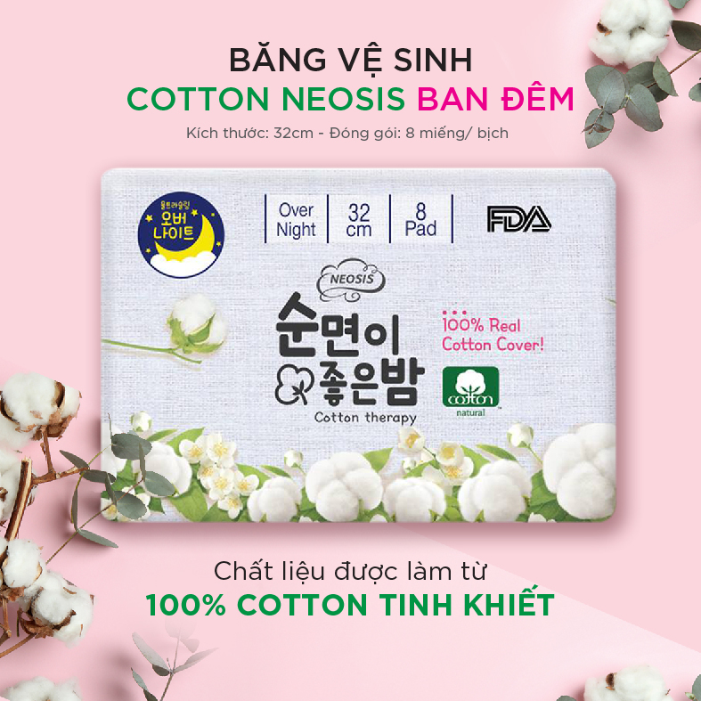 BĂNG VỆ SINH HỮU CƠ BAN ĐÊM của Hàn Quốc_NEOSIS COTTON_KT: 32cm_1 gói/8 miếng