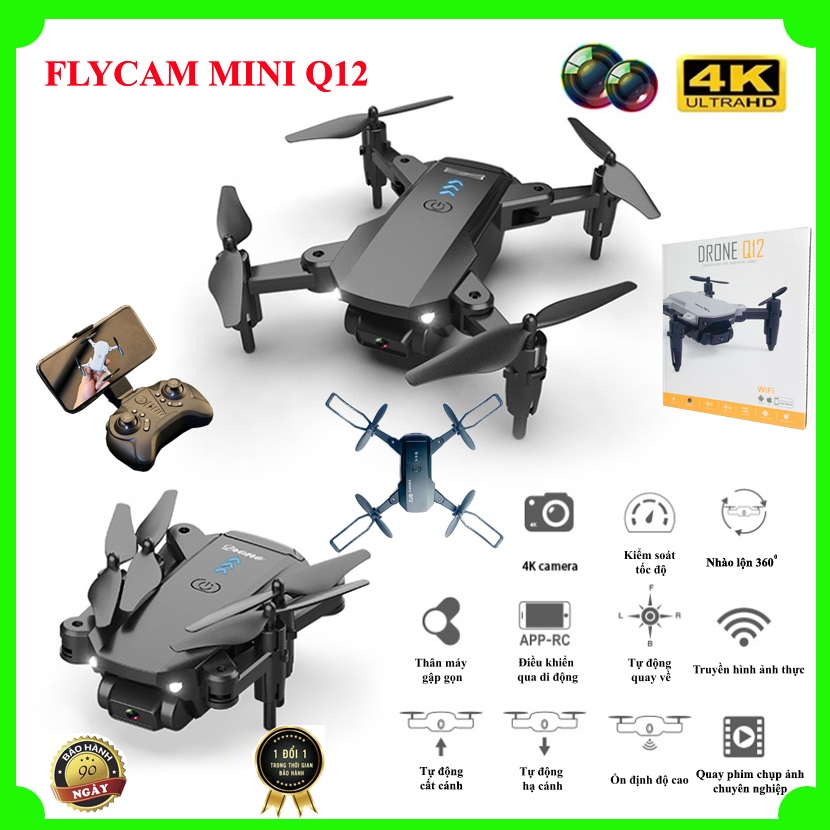 Flycam, Flycam điều khiển Giá Rẻ Tập Bay, Flycam mini Q12 Camera 4K Hai camera kép, thời gian bay 15 phút, Động cơ mạnh mẽ phiên bản cải tiến