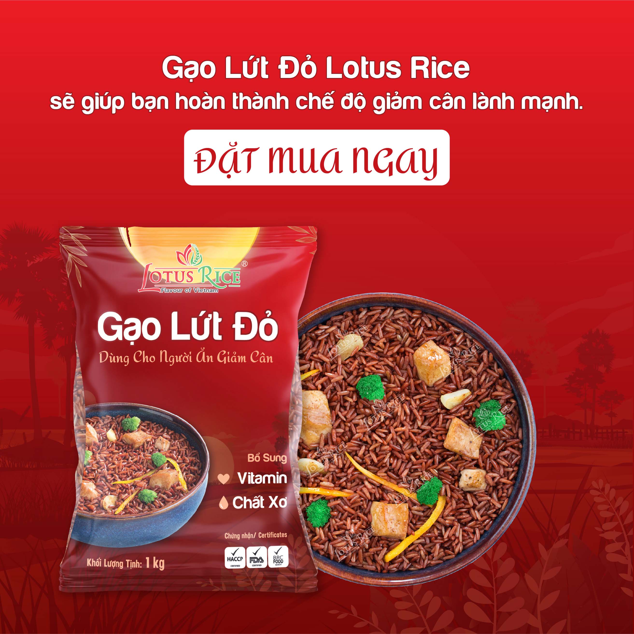 Gạo Lứt Đỏ Lotus Rice 1kg - Tốt cho người ăn giảm cân - Dễ ăn dễ nấu