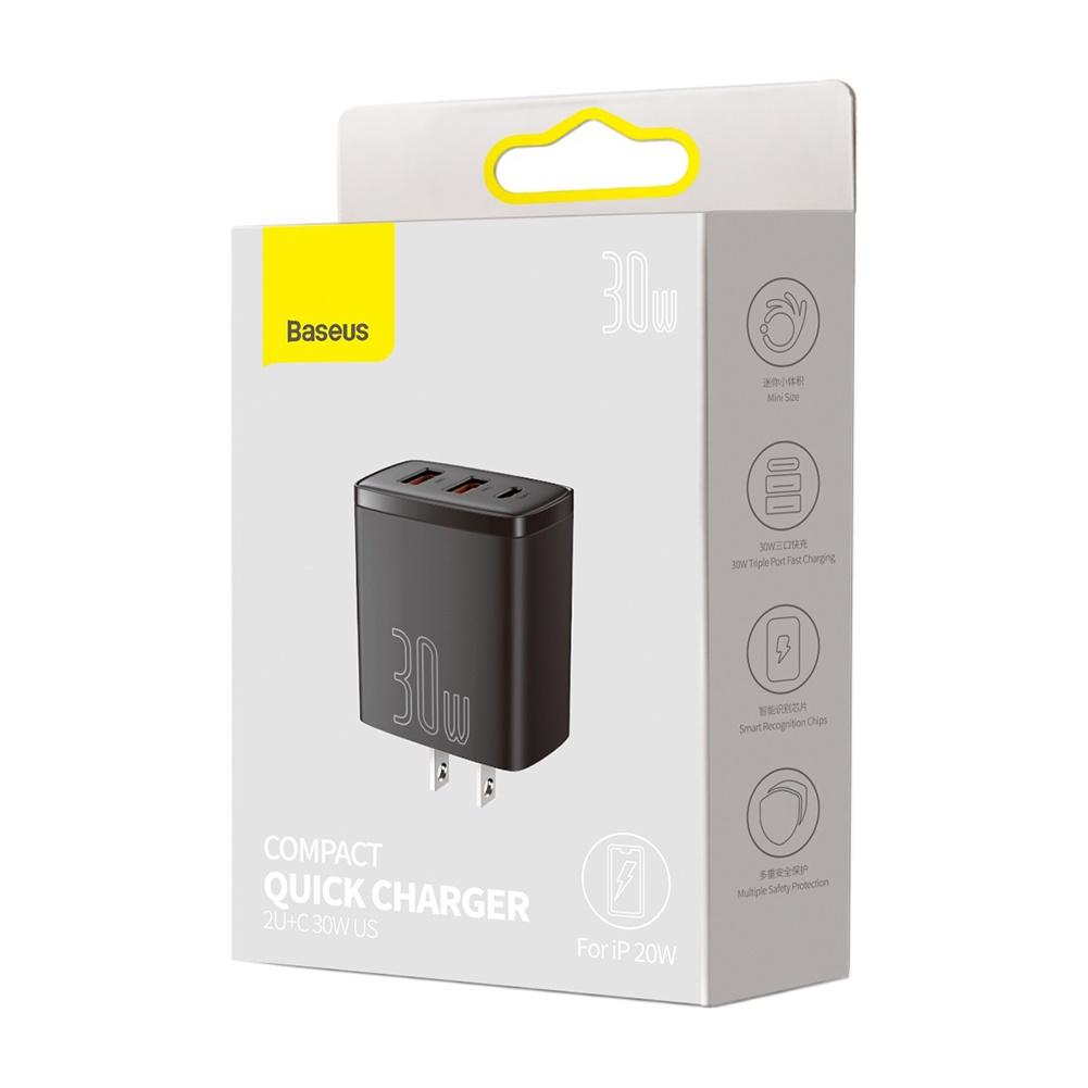 Cốc sạc nhanh 3 cổng Baseus Compact USB dual port + TypeC 30W PD/QC3.0 - Hàng Chính Hãng