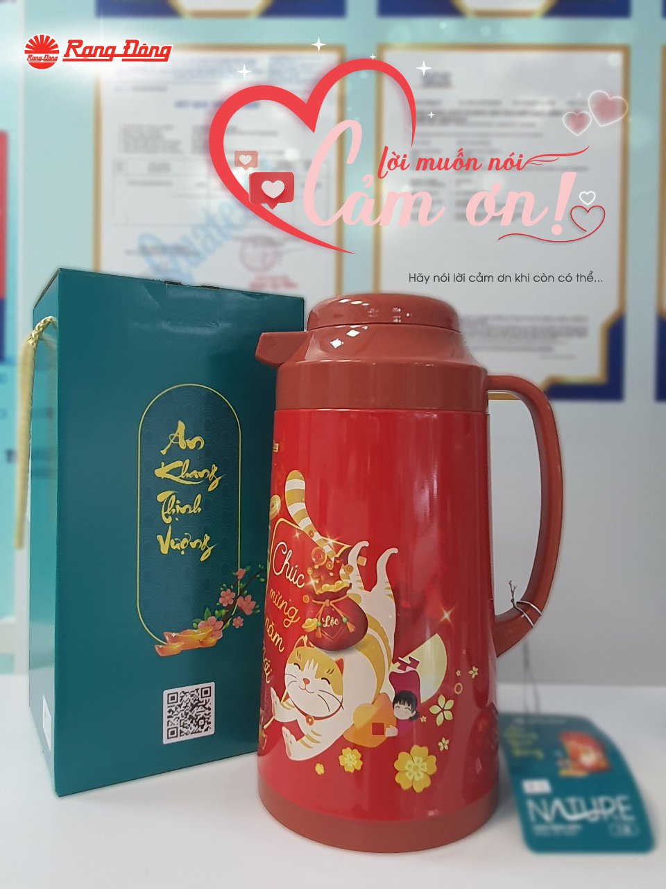 Phích Tết Rạng Đông model 1040 TS dung tích 1 lít, hoa văn tết đẹp mắt, trang nhã, quà tặng Tết ý nghĩa cho gia đình, người thân