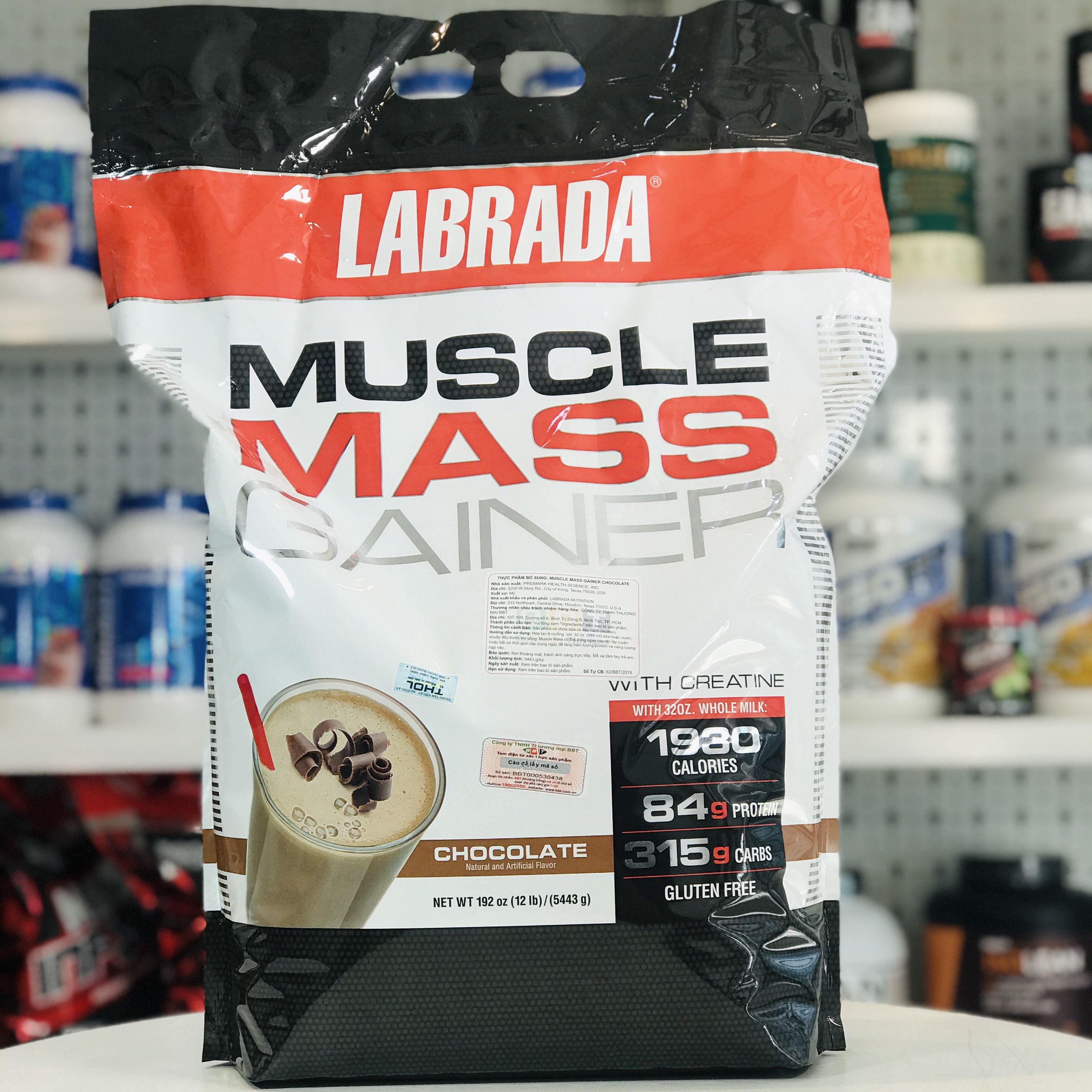 Combo Sữa tăng cân Muscle Mass Gainer vị Chocolate của Labrada, hỗ trợ tăng cân tăng cơ nạc (5.4kg) - Bình lắc THOL (Màu ngẫu nhiên)