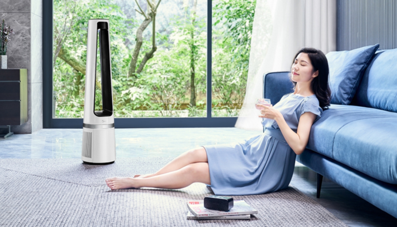 Quạt Không Cánh Làm Mát Bằng Hơi Nước Midea AMS150-C Nhận Diện Điều Khiển Gió AI Tự Động Độ Gió, Lọc Ion Khử Trùng SPI Và Làm Sạch Không Khí, Góc Quay 120 Độ, Kết Nối App - Hàng Nhập Khẩu