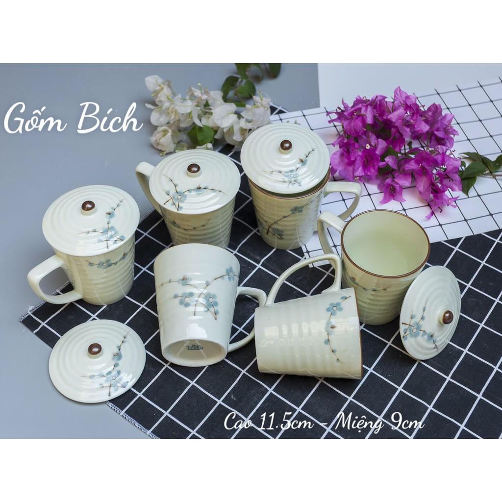 Cốc Sứ Uống Nước Kèm Nắp Đậy Men Kem Vẽ Hoa - Gốm Sứ Bát Tràng