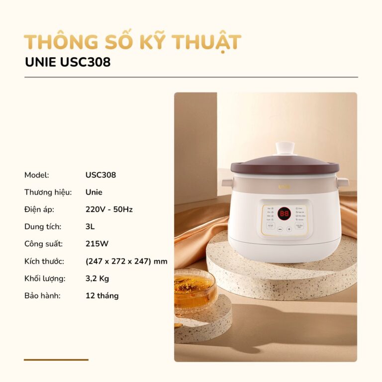 [Hàng chính hãng] Nồi nấu chậm Unie USC308 - kho hầm đa năng - 3 Lít - Lòng gốm tử sa cao cấp - Giữ trọn hương vị món ăn