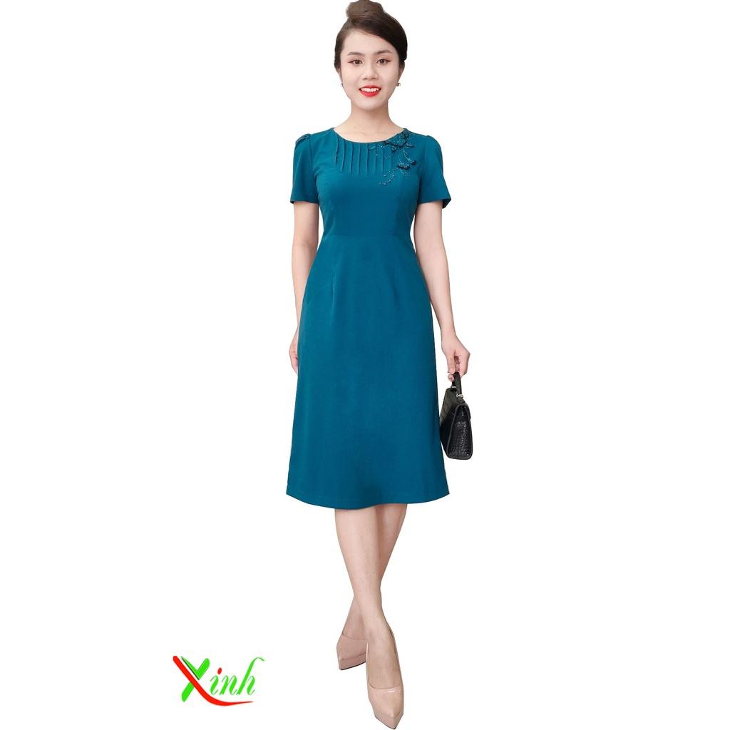 Đầm xanh vịt u kết hoa thủ công cao cấp DL922