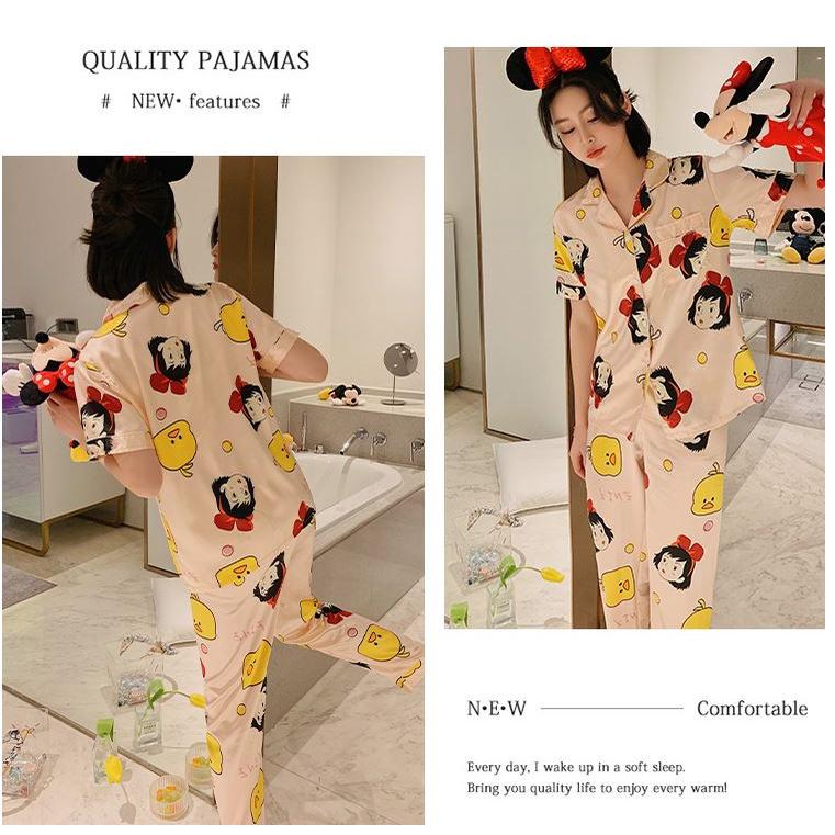 Xả kho đồ bộ mặc nhà pijama vải phi bóng in hình bạch tuyết bộ đồ mặc ngủ ngắn tay xinh xắn