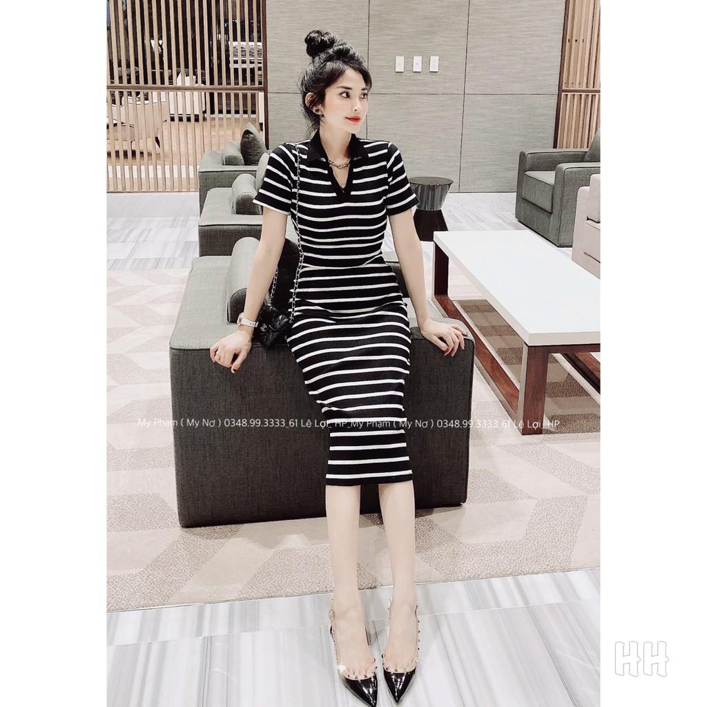 Váy thun cổ bẻ dài - ngắn kẻ sọc dáng ôm xẻ