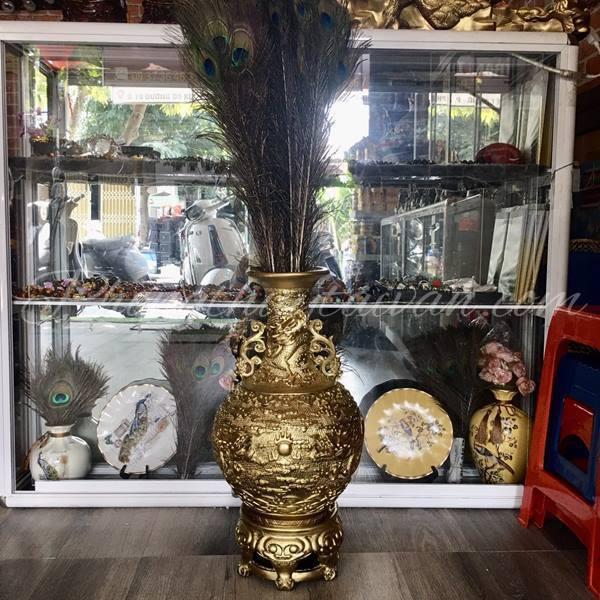 Bình hoa lớn DẠ CỔ màu đồng cao 52 cm lông công,hoa