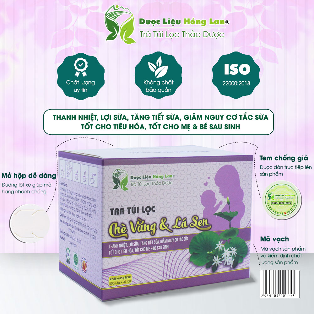 Trà Vằng & Lá Sen túi lọc hộp 60g Cty Dược Liệu Hồng Lan - Thanh nhiệt, lợi sữa, tăng tiết sữa, giảm nguy cơ tắc sữa, Tốt cho tiêu hóa, tốt cho mẹ & bé sau sinh,...