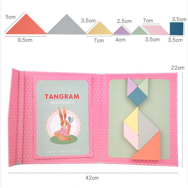 Đồ chơi Xếp hình gỗ Tangram nam châm có kèm sách cho bé, đồ chơi gỗ thông minh montessori