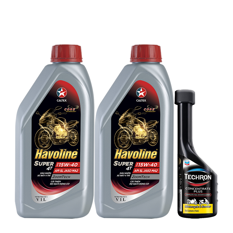Combo 2 chai dầu nhớt xe số và xe côn tay Caltex Havoline Super 4T SAE 15W40 1L tặng kèm dung dịch vệ sinh buồng đốt