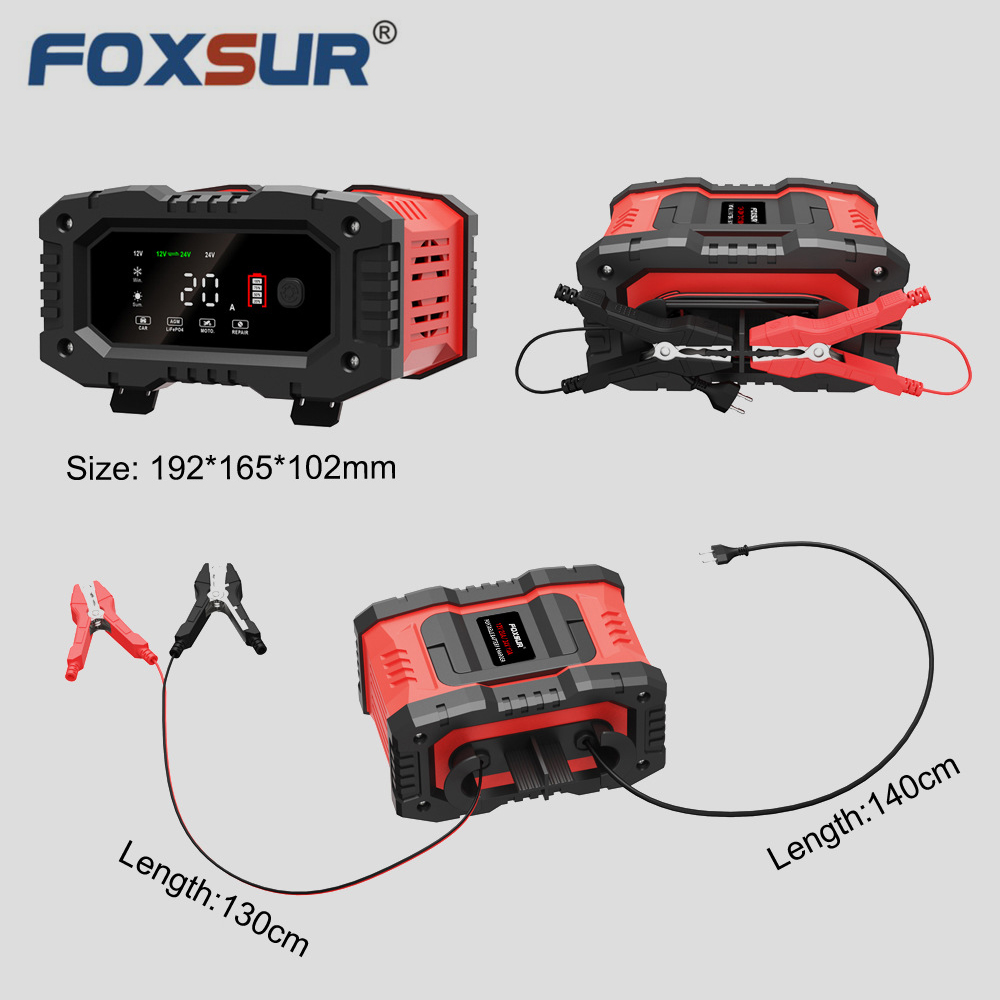 Sạc bình ắc quy 12V 24V 6Ah - 300Ah FOXSUR FPT-200 20A sạc bình ô tô xe máy xe tải pin sắt LiFePO4 tự ngắt