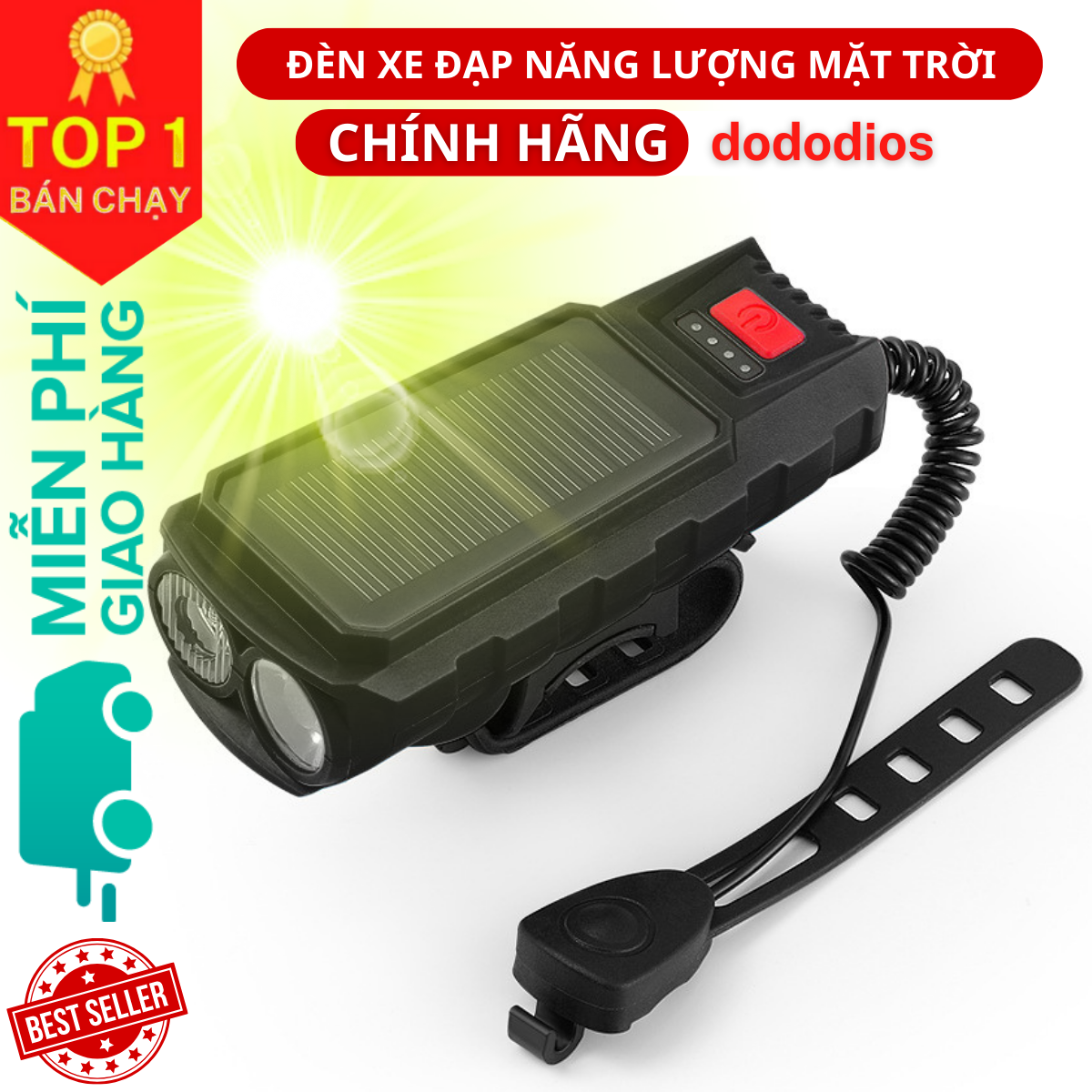 Đèn LED Xe Đạp Năng Lượng Mặt Trời Kèm Còi, Đèn Xe đạp Sạc bằng Năng Lượng Mặt Trời - USB Đèn Xe Đạp có Chuông Còi, Đèn Pin Xe Đạp chống nước có 3 chế độ sáng, sạc lại qua cổng USB, Chuông còi kêu to Phù Hợp Với Xe Đạp Leo Núi - Hàng Chính Hãng dododios