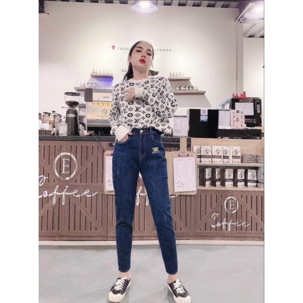 Quần Jeans Nữ Baggy Xanh Thêu Trang Trí Lưng Cao