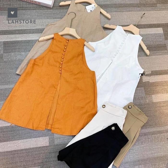 Bộ linen nữ sát nách LAHSTORE dáng yếm nút xẻ sau năng động