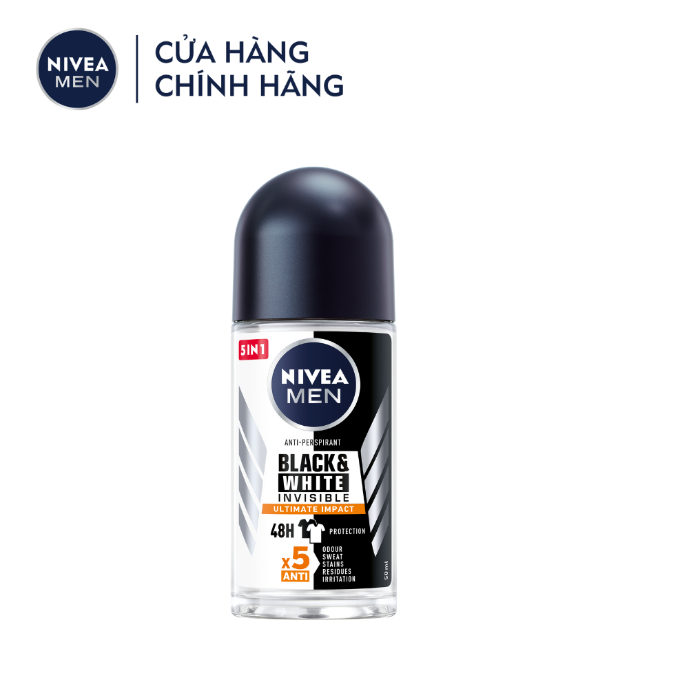 Lăn Ngăn Mùi NIVEA MEN Black&amp;White Ngăn Vệt Ố Vàng Vượt Trội - Hương Mạnh Mẽ (50 ml) - 85392