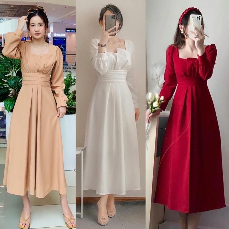 Đầm dự tiệc maxi cổ xếp li dài tay