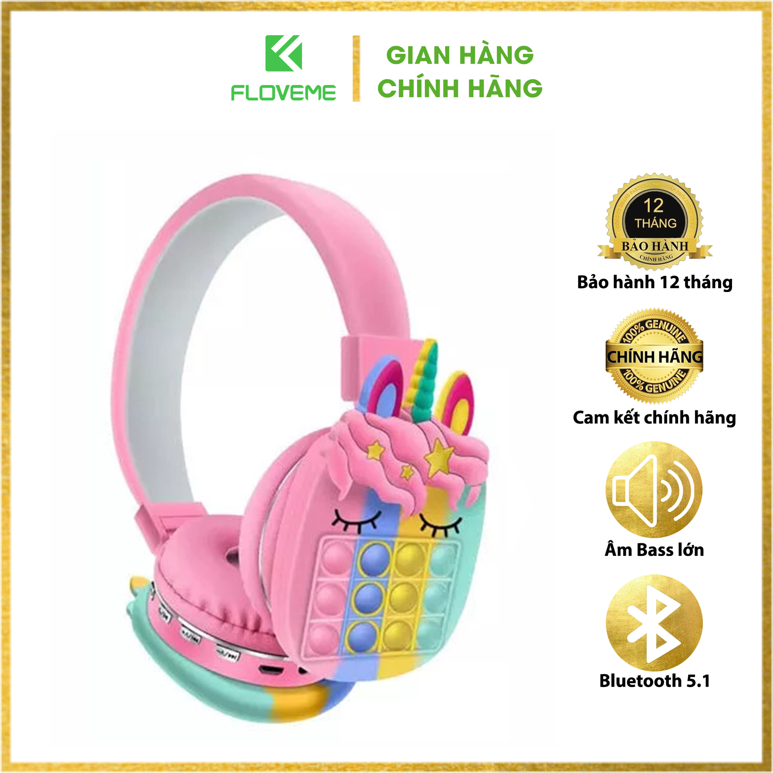 Tai Nghe Bluetooth Không Dây Floveme AH-806H Họa Tiết Kỳ Lân Hoạt Hình Dễ Thương - Chip SCLanxun - Bluetooth 5.0-Hàng chính hãng