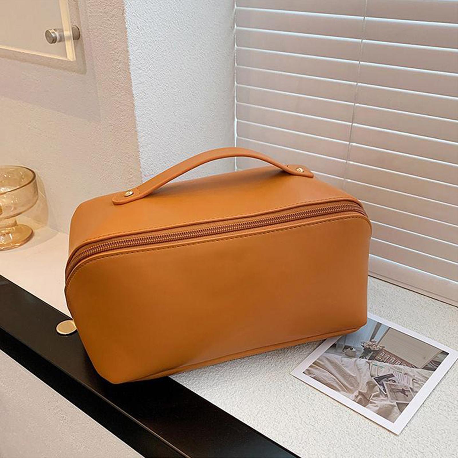 Portable PU Leather Travel Toiletry Bag Toiletry Purse Holder for Bathroom Brown