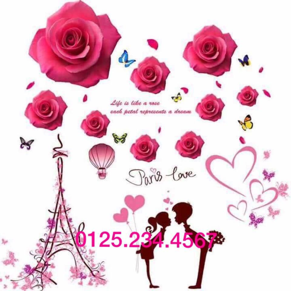 Decal dán tường Combo 2 tranh Bông hồng + đôi tình nhân paris love
