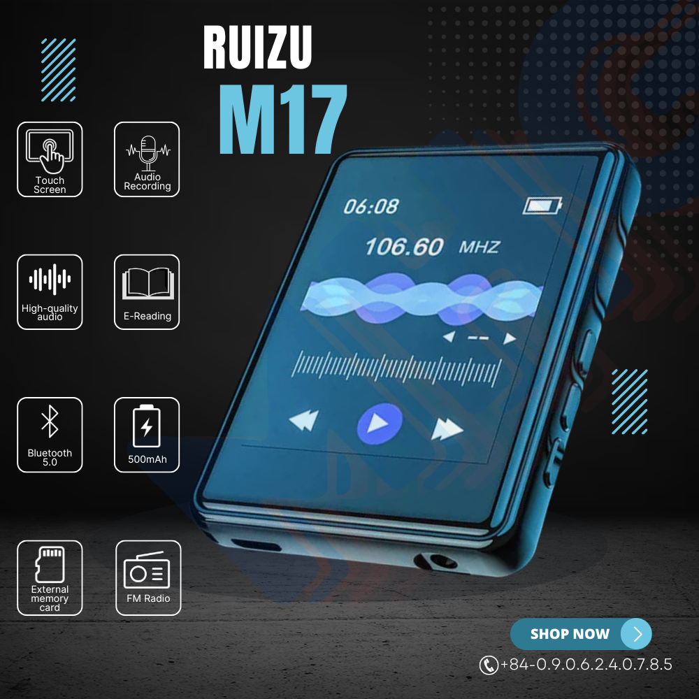 Máy Nghe Nhạc MP3 Bluetooth Mini RUIZU M17, Máy Nghe Nhạc Cầm Tay Cảm Ứng Toàn Màn Hình 16GB 2.4 Inch Có Loa Tích Hợp Máy Nghe Nhạc MP3 HIFI Lossless Máy Ghi Âm Sách Điện Tử Hỗ Trợ Máy Đếm Bước Chân Máy Phát Video Bỏ Túi Nhỏ Hỗ Trợ Thẻ TF - Hàng nhập khẩu