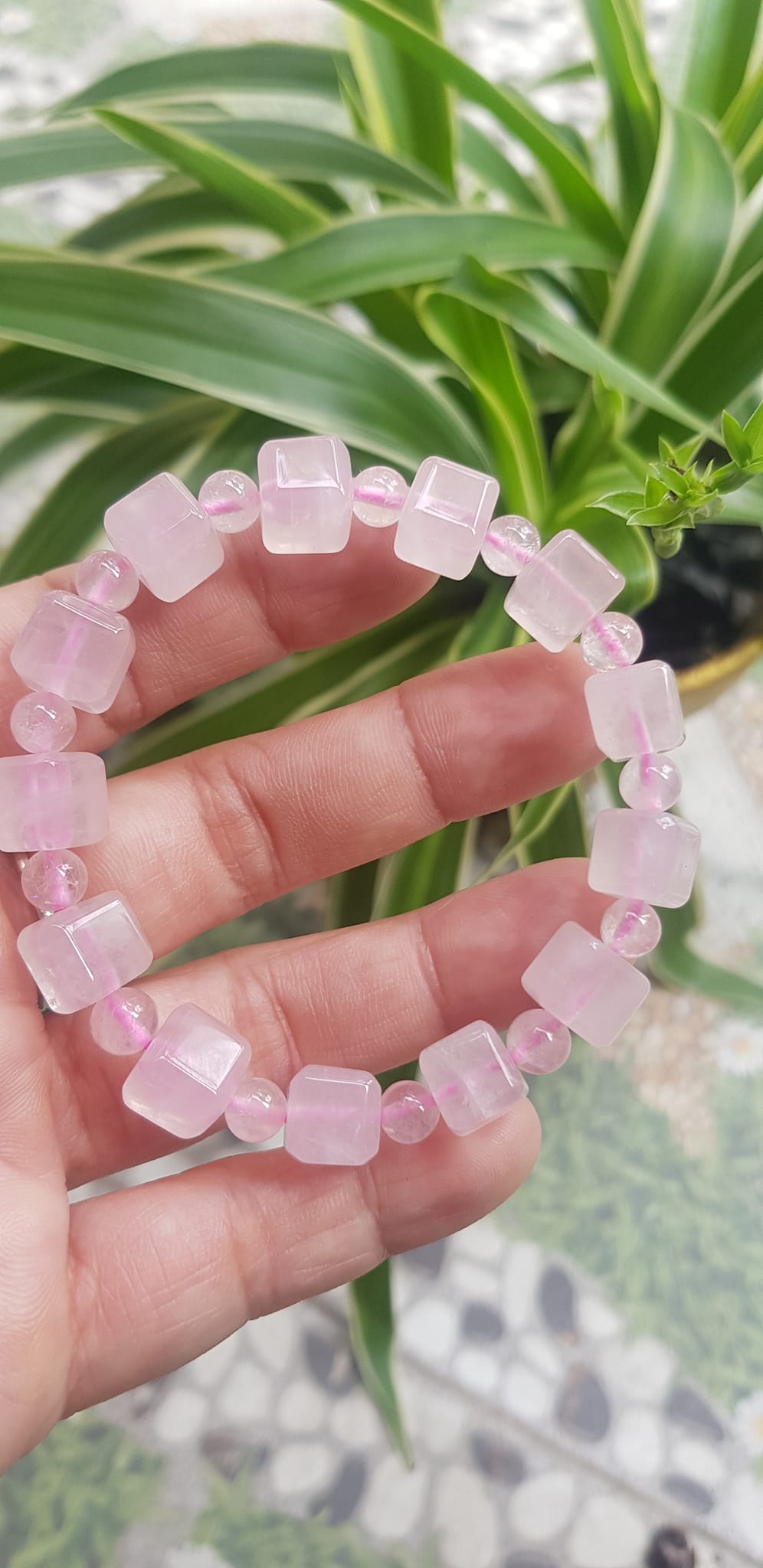 Vòng tay nữ kiểu đá thạch anh hồng tự nhiên hạt vuông tròn đan xen rất là đẹp Size hạt vuông 9mm phối bi nhỏ 6mm màu hồng tươi nhẹ nhàng nữ mệnh hỏa mệnh thổ đeo có 499k ạ