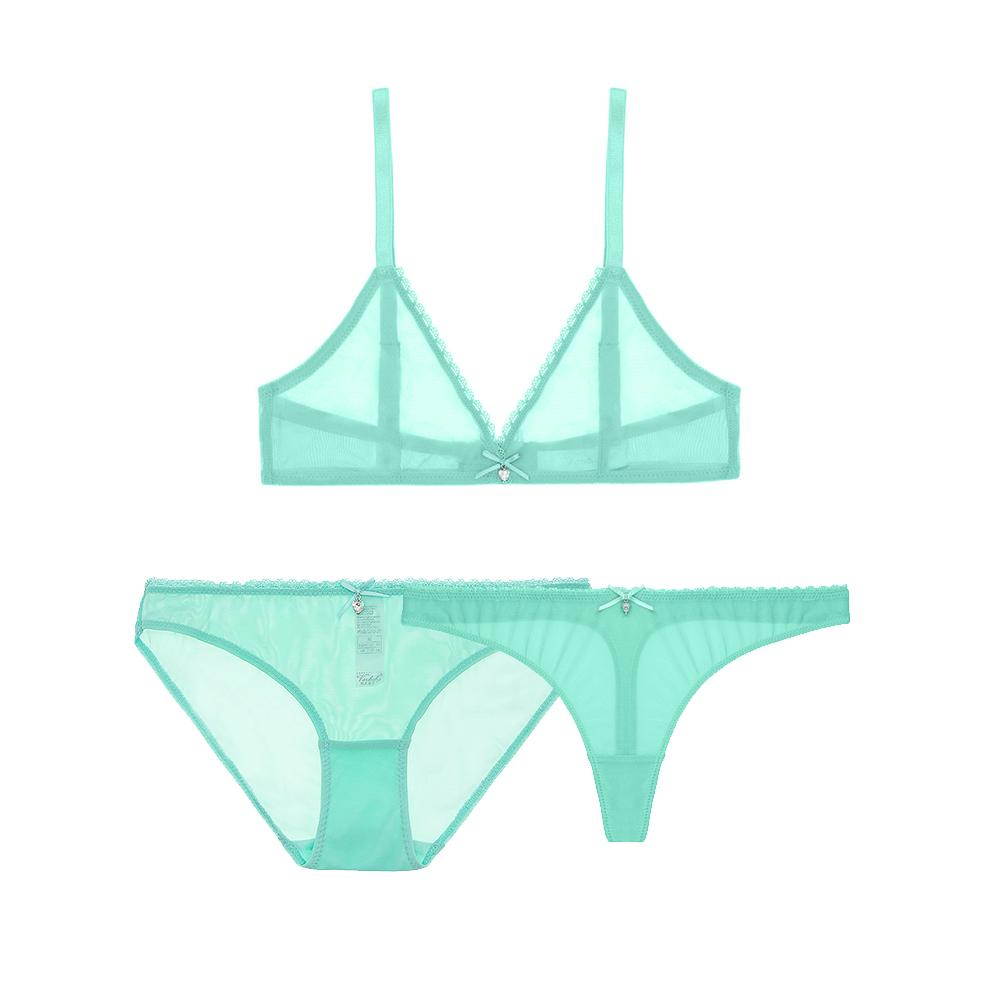 Varsbaby Vàng Nhạt Phối Lưới Mềm Mại Gợi Cảm 3 V Sâu Áo Ngực + Quần Lót + Quần Đùi Ren Dây Miễn Phí Trong Suốt quần Lót