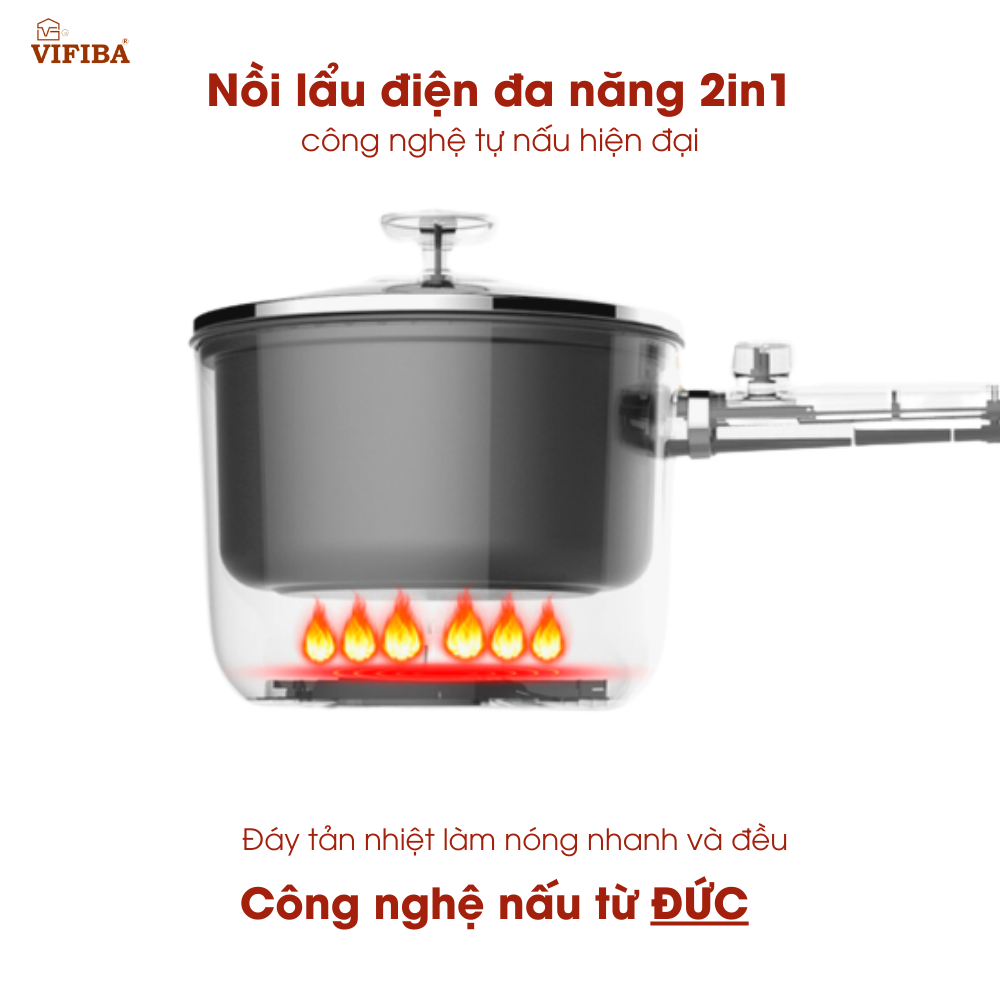 Nồi điện đa năng 2in1 Hàng Chính Hãng VIFIBA 2 cấp độ, chống dính tay cầm dài - Nấu, Chiên, Xào, Luộc