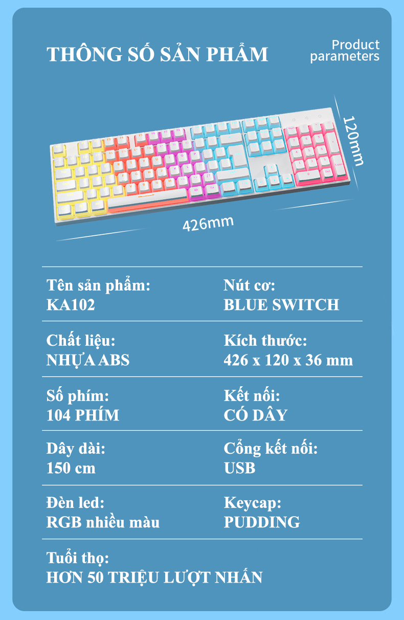 Bàn phím cơ Blue Switch ZIFRIEND KA102 với thiết kế full size 104 phím sử dụng keycap pudding xuyên led cực đẹp - Hàng Chính Hãng