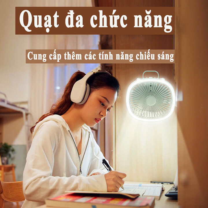 Quạt để bàn mini sạc tích điện có đèn LED, quạt tích điện để bàn văn phòng treo tường kiêm đèn ngủ 3 cánh không ồn