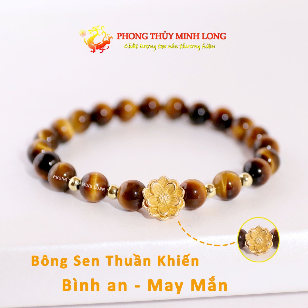 Vòng tay đá mắt hổ vàng nâu mix bông sen vàng
