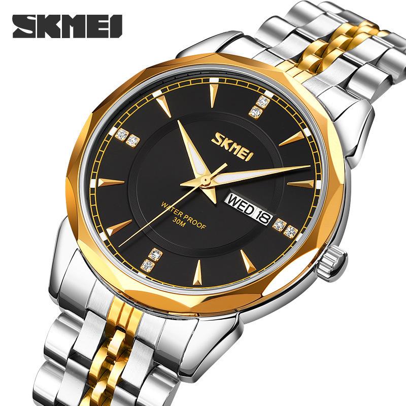 Phong Cách Mới Nhất Skmei Moment Beauty Thời Trang Dây Thép Không Gỉ Chắc Chắn Nam Lịch Kép Chống Nước Phong Cách Doanh Nhân Đồng Hồ Thạch Anh