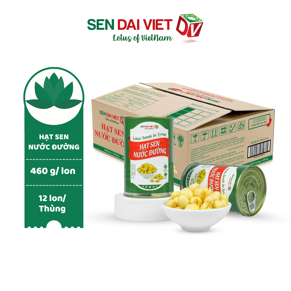 [Thùng 12 Lon] Hạt Sen Nước Đường- Hương Vị Thơm Ngon, Dễ Dàng Sử Dụng, ĐV- Sen Đại Việt- Lon 460g