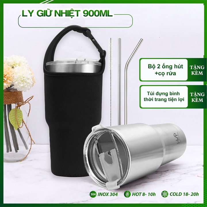 Combo Ly Giữ Nhiệt Tặng Kèm Ống Hút Inox + Túi Giữ Nhiệt + Nắp Chống Tràn + Cây Cọ Rửa