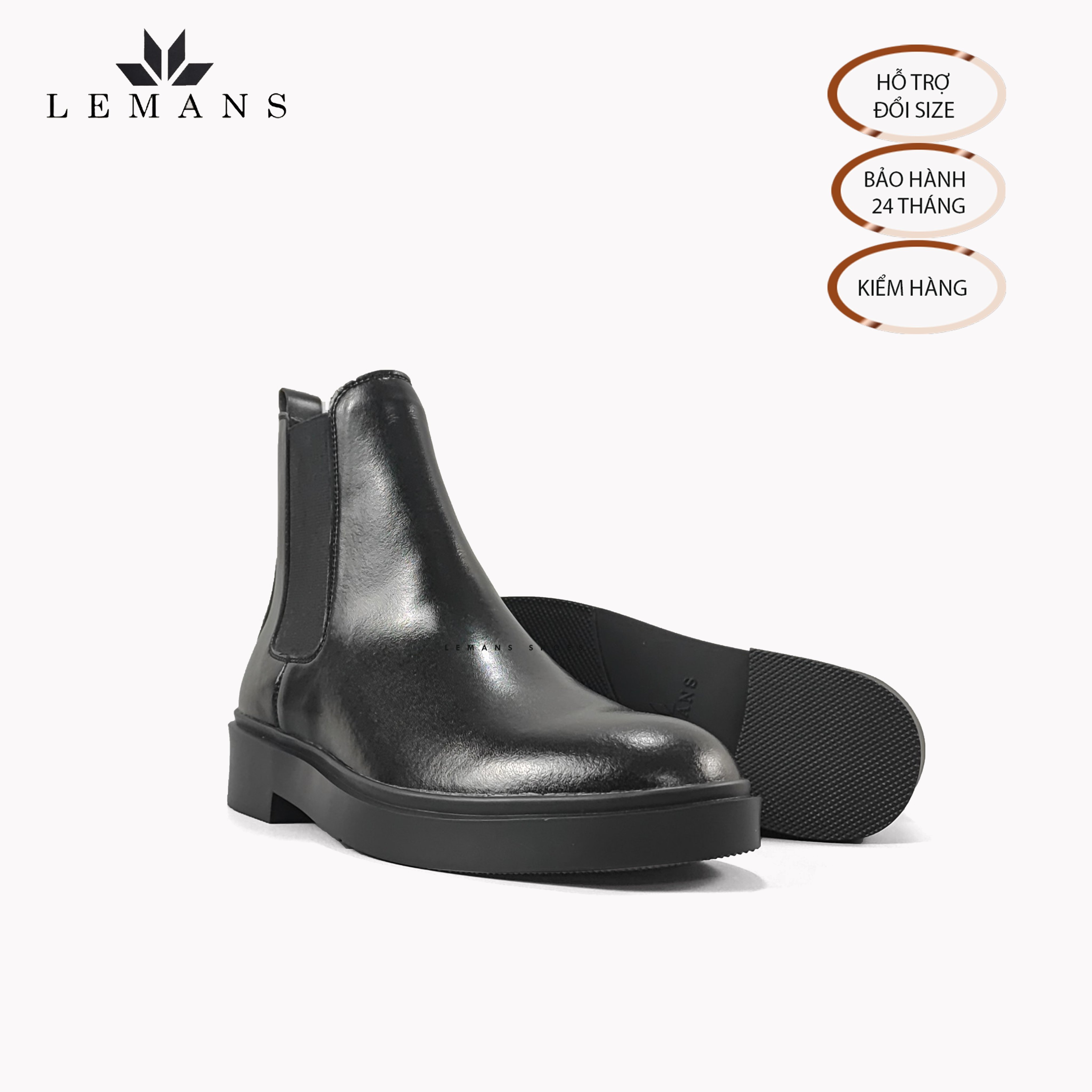 Giày da bò Chelsea Boots Black LEMANS CB66, đế lemans cao 4cm, boot nam chelsea boot nam, bảo hành 24 tháng