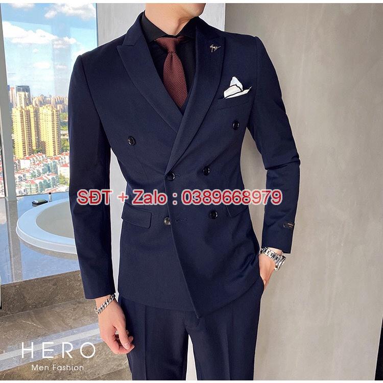 Bộ Vest Nam Cao Cấp 6 cúc Màu Xanh than, Bộ suit Nam 6 Cúc màu Tím than