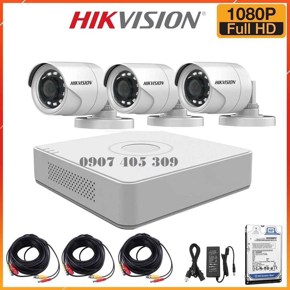 Trọn bộ 3 Camera 2MP DS-2CE16D0T-IR + Đầu ghi hình Hikvision, có sẵn phụ kiện, cắm điện là chạy - Hàng chính hãng