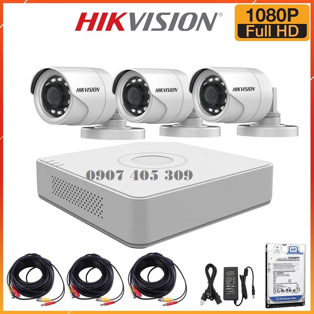 Trọn bộ 3 Camera 2MP DS-2CE16D0T-IR(C) + Đầu ghi hình Hikvision, có sẵn phụ kiện, cắm điện là chạy - Hàng chính hãng