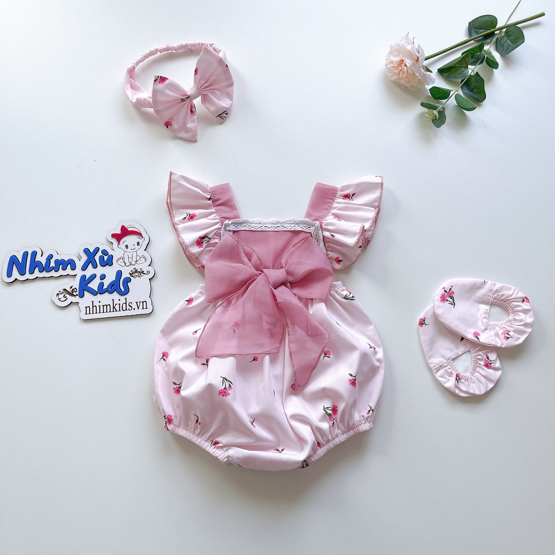 Body nơ bé gái 3 đến 12kg, Bodysuit tặng kèm turban cho bé gái