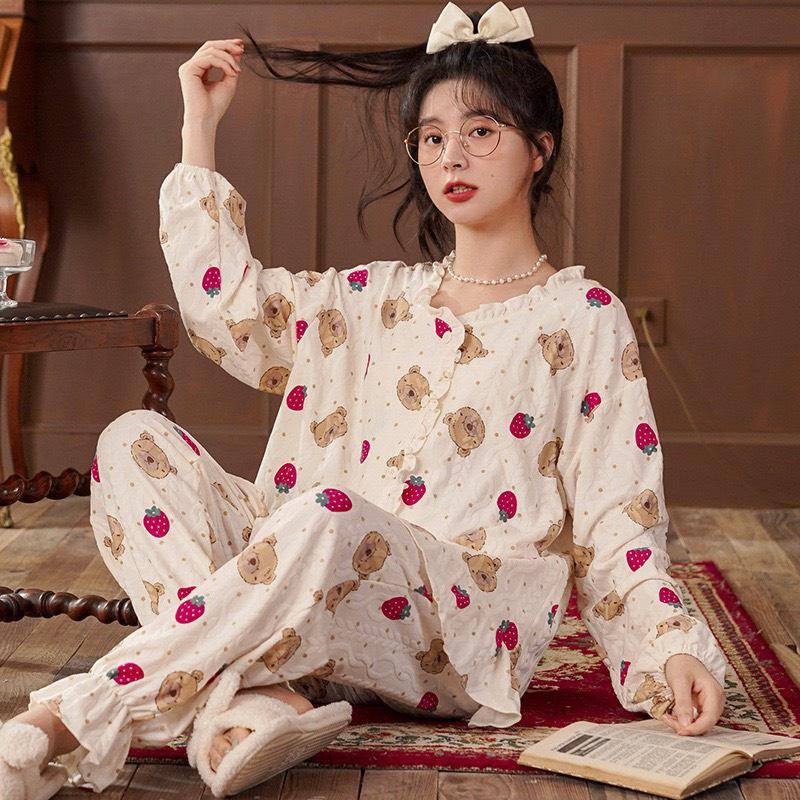 Bộ Pijama Mặc Nhà Cài Khuy Viền Bèo