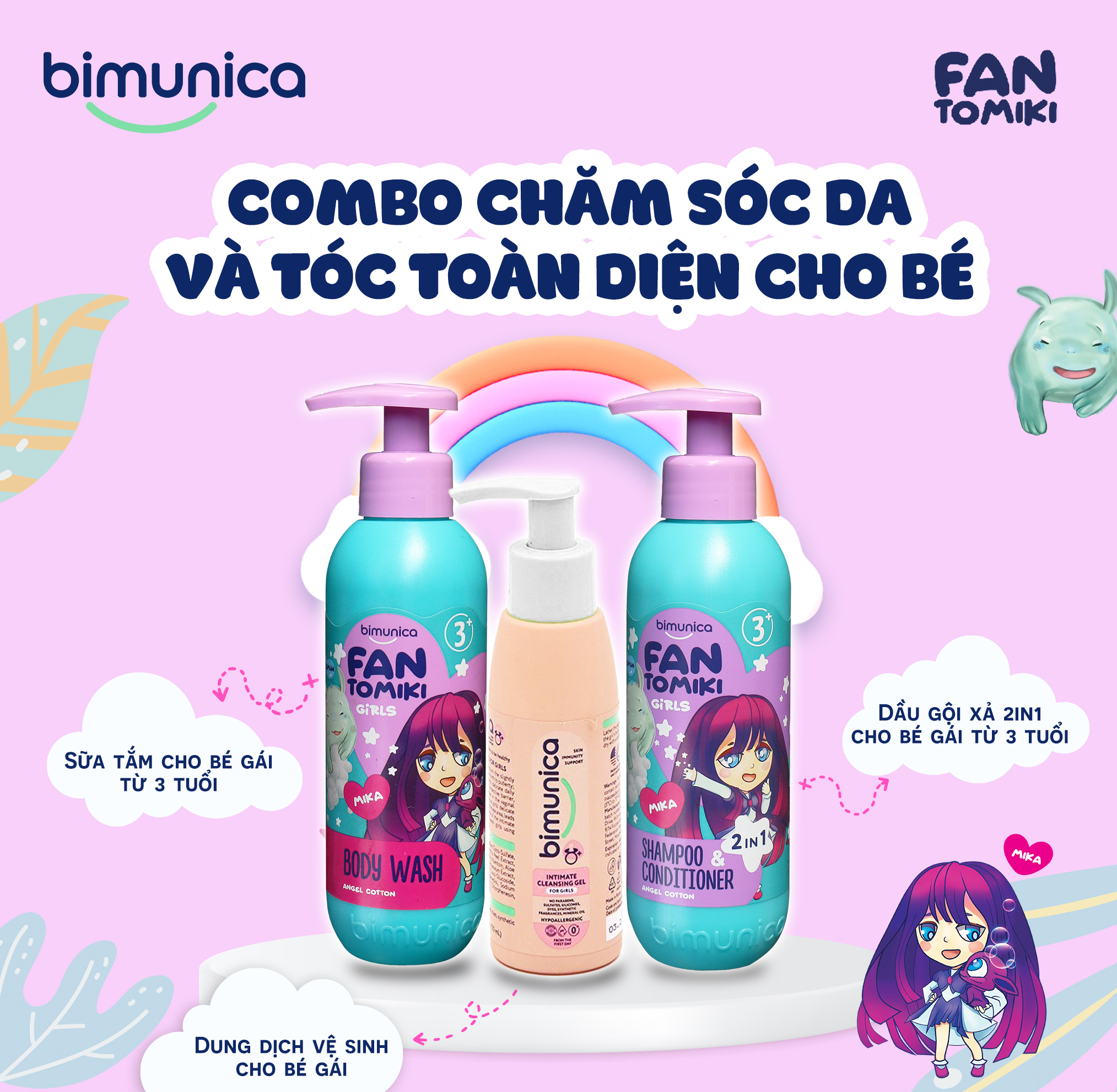Sữa Tắm BIMUNICA Fantomiki Cho Bé Gái từ 3 Tuổi - 250ml Không Cay Mắt, Làm Sạch, Làm Mềm