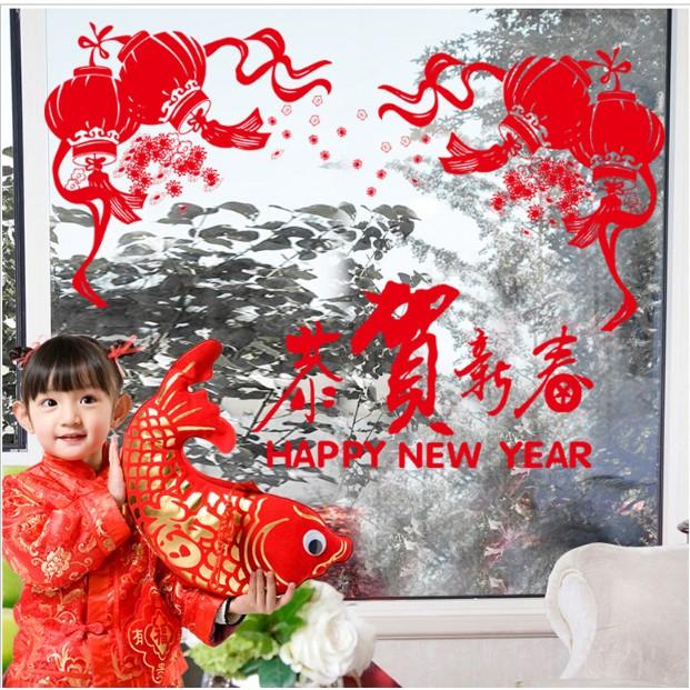 Decal trang trí Tết - Lồng đèn đỏ kèm chữ