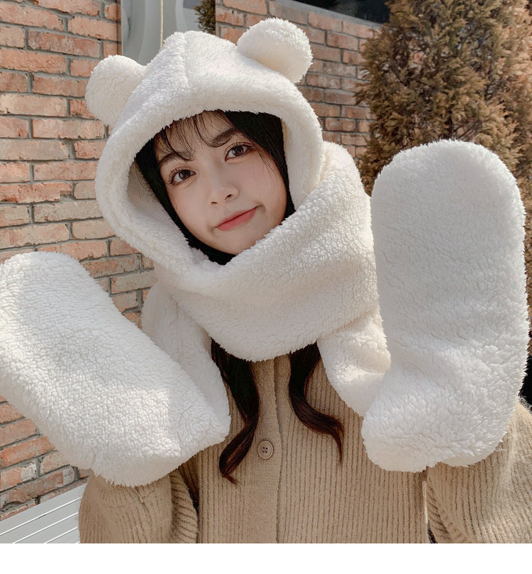 Mũ khăn quàng cổ mũ lông gấu có găng tay thời trang siêu dễ thương giữ ấm dành cho nữ