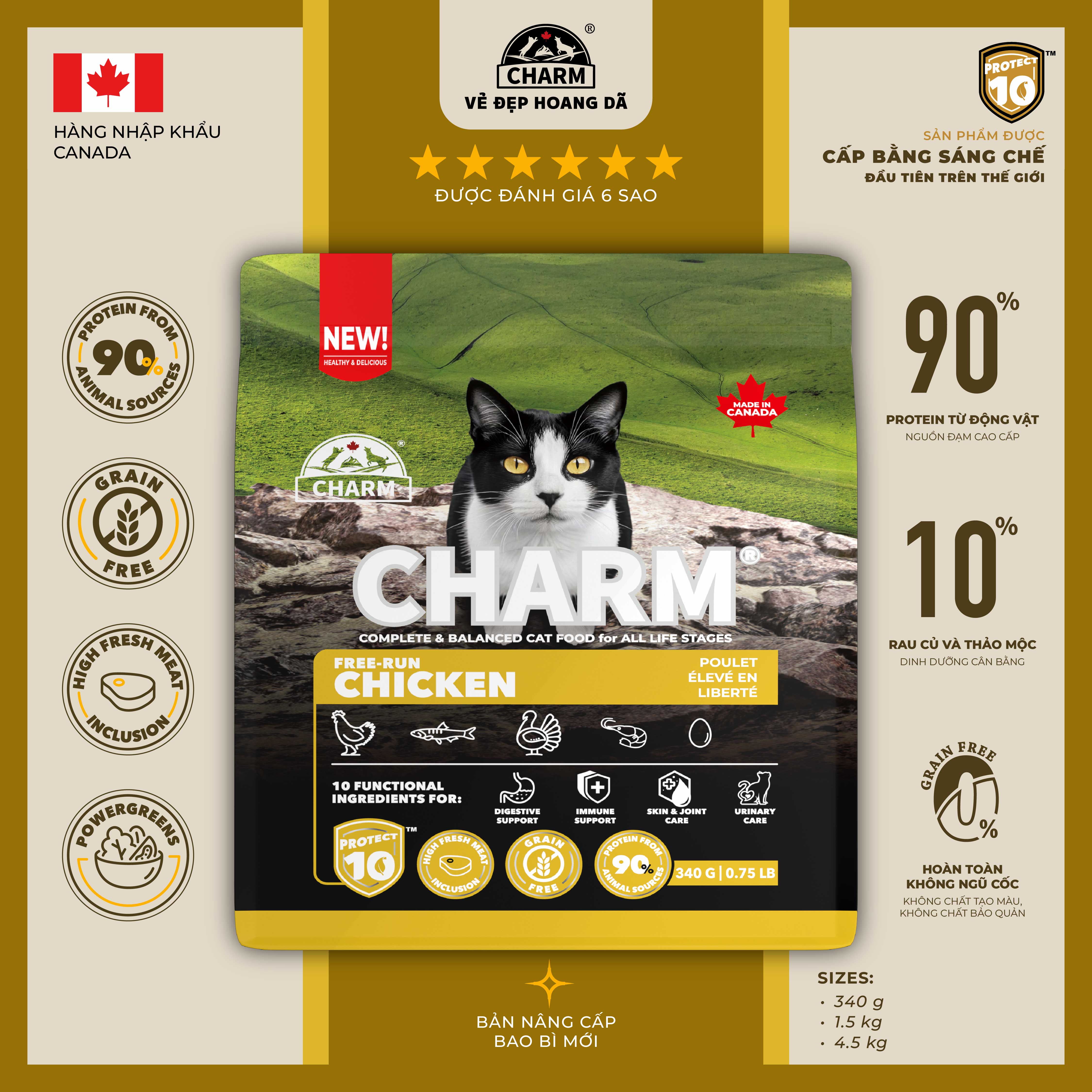 Thức Ăn hạt Mèo cao cấp Gà Cá CHARM Cage-Free Chicken Cat Food Dry food Canada - CHỌN