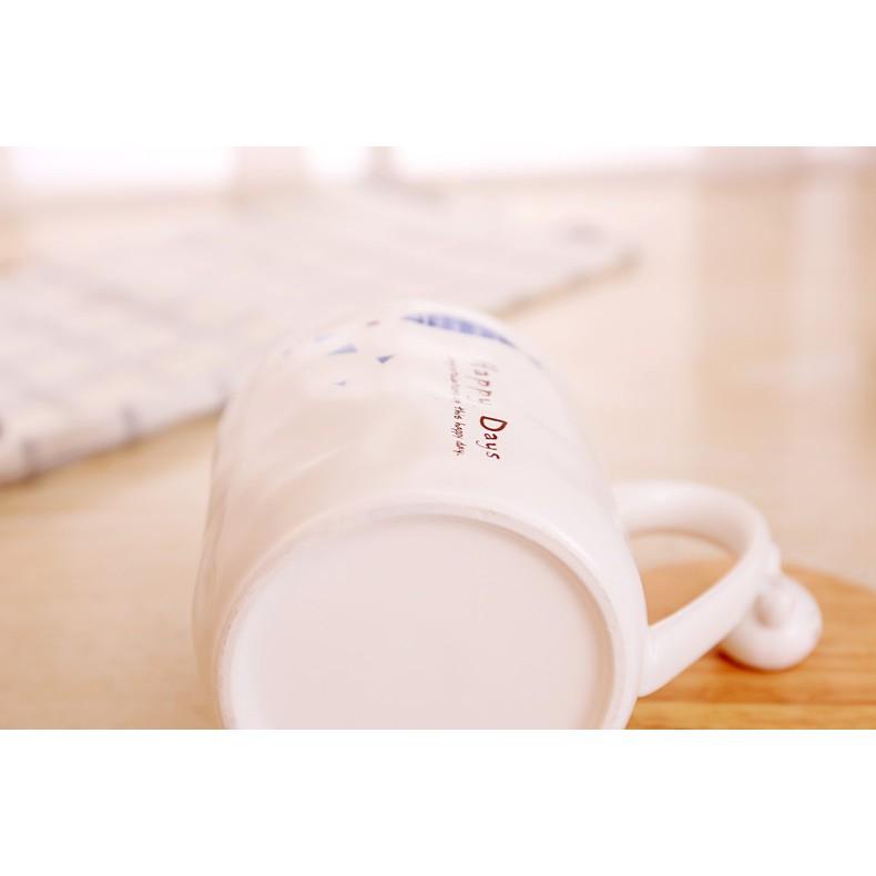 Cốc sứ có kèm thìa và nắp mèo gỗ xinh xắn 400ml - LOẠI 1
