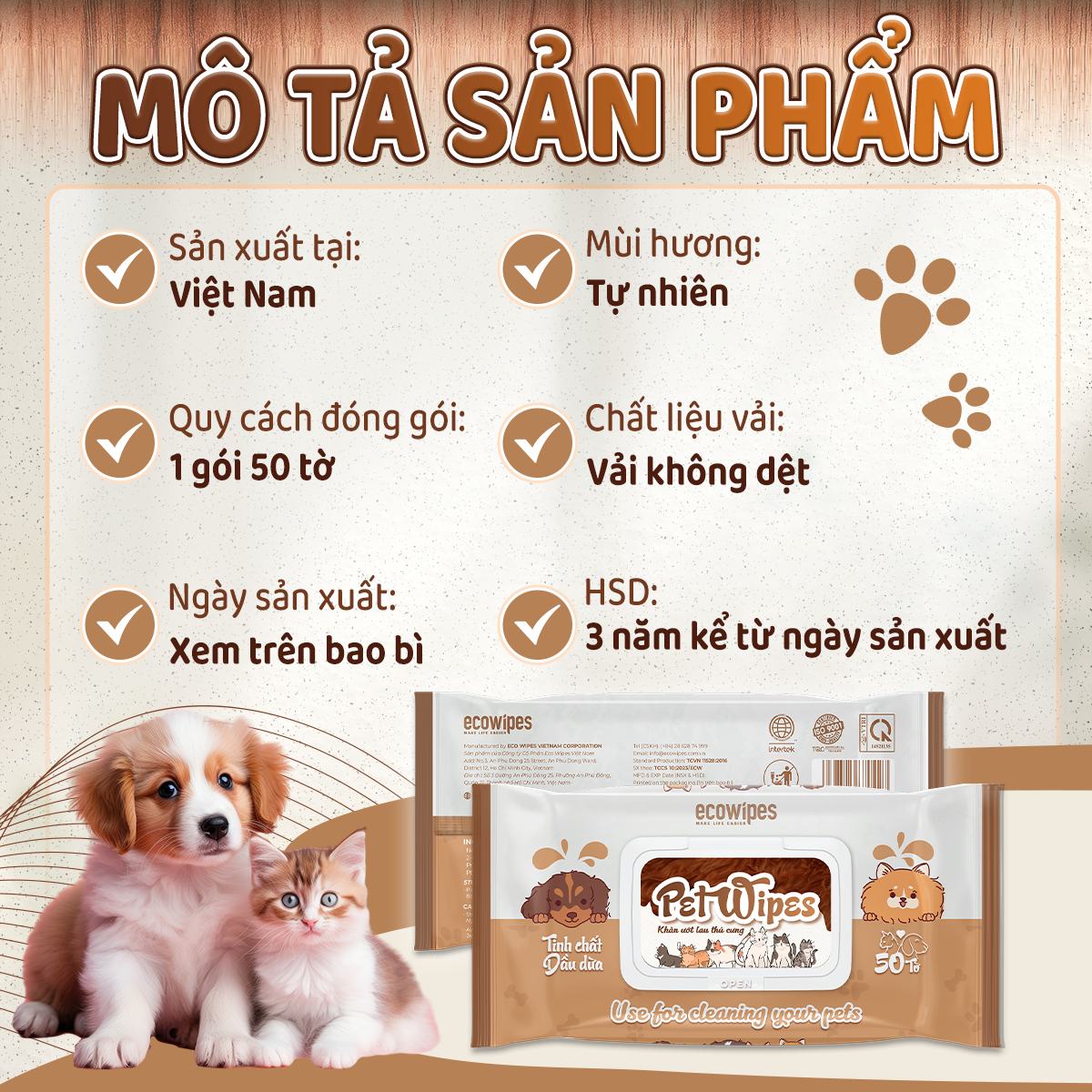 Khăn ướt vệ sinh thú cưng Pet Wipes gói 50 tờ mùi hương tự nhiên vừa làm sạch khử mùi cho chó mèo