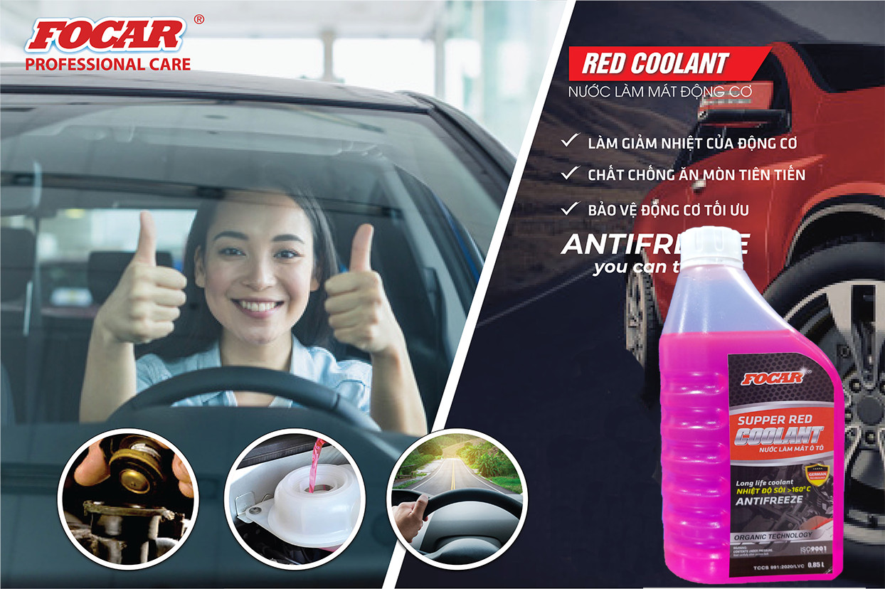 Nước làm mát động cơ FOCAR Red Super Long Life Coolant 850ml LLC SLLC - Khoảng nhiệt hoạt động rộng, chống ăn mòn tối đa, bảo vệ động cơ, tiêu chuẩn ISO 9001:2015 - Tỷ lệ pha 1:2