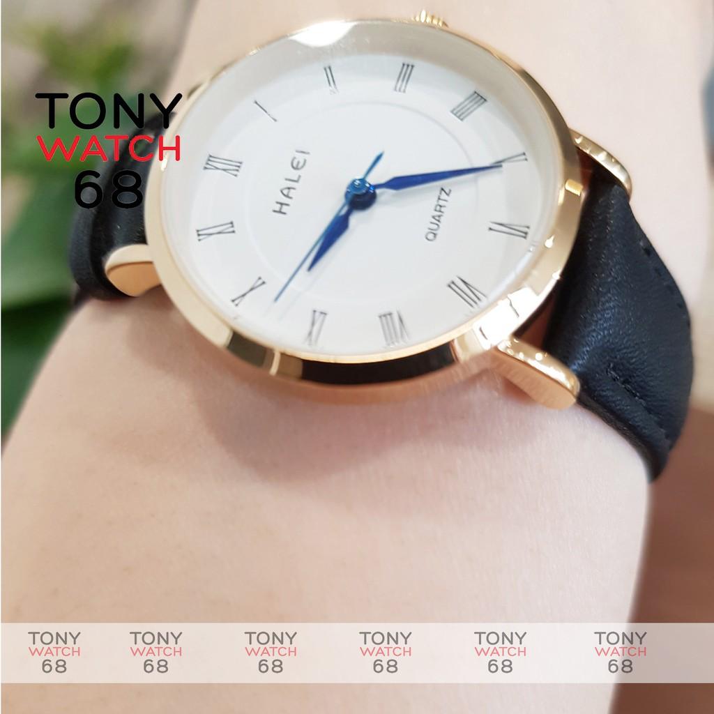 Đồng hồ cặp đôi nam nữ Halei kim xanh mặt trắng dây da nâu chính hãng Tony Watch 68