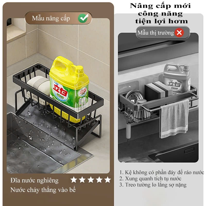 Kệ đựng đồ rửa chén bát PaKaSa có giá để giẻ rửa chén trên bồn có khay hứng nước nghiêng thép không gỉ - Hàng chính hãng
